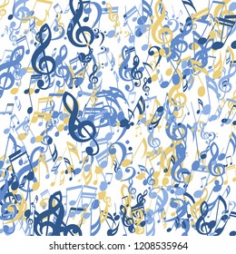 Lines of Musical Notes. Trendy Background with Notes, Bass and Treble Clefs. Vector Element for Musical Poster, Banner, Advertising, Card. Minimalistic Simple Background.