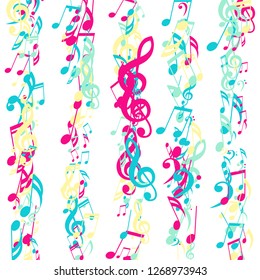 Lines of Musical Notes. Trendy Background with Notes, Bass and Treble Clefs. Vector Element for Musical Poster, Banner, Advertising, Card. Minimalistic Simple Background.