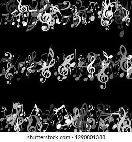 Lines of Musical Notes. Trendy Background with Notes, Bass and Treble Clefs. Vector Element for Musical Poster, Banner, Advertising, Card. Minimalistic Simple Background.