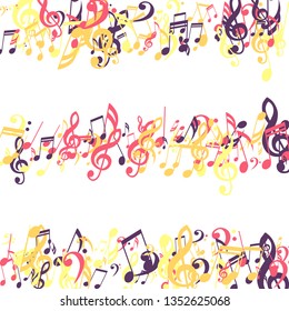 Lines of Musical Notes. Trendy Background with Notes, Bass and Treble Clefs. Vector Element for Musical Poster, Banner, Advertising, Card. Minimalistic Simple Background.