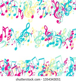 Lines of Musical Notes. Trendy Background with Notes, Bass and Treble Clefs. Vector Element for Musical Poster, Banner, Advertising, Card. Minimalistic Simple Background.
