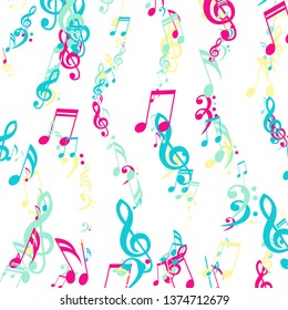 Lines of Musical Notes. Trendy Background with Notes, Bass and Treble Clefs. Vector Element for Musical Poster, Banner, Advertising, Card. Minimalistic Simple Background.