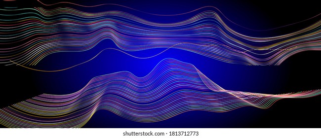 Líneas neón sobre fondo azul espacio brillante multicolor música de banner geométrico granos de neón coloridos de abstracto