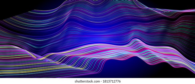 Líneas neón sobre fondo azul espacio brillante multicolor música de banner geométrico granos de neón coloridos de abstracto
