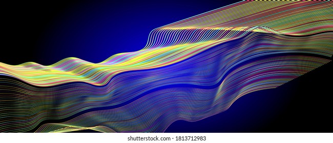 Lines neon on blue background bright multicolored space geometric banner music neon gradients colorful of abstract