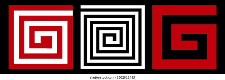 Lines on a spiral abstract background. Dynamic transition illusion. Red shapes on a black background and the same shapes on the black side. vector