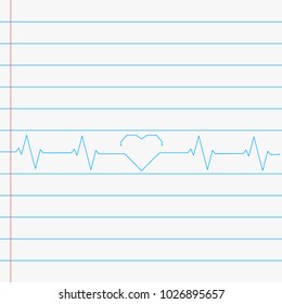 Lines paper with heartbeat line on the middle, vector illustration.