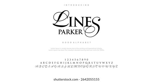 Linhas Parker Abstract Moda alfabeto fonte. Mínimo fontes urbanas modernas para logotipo, marca etc. Tipografia fonte maiúscula minúscula e número. ilustração vetorial