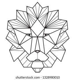 Lines patterned ornate hand drawn head of lion. Black and white doodle vector illustration. Sketch for tattoo, poster, print or t-shirt