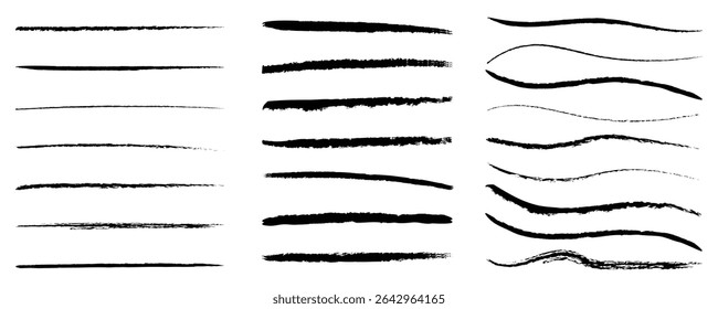 lines and pencil strokes. Horizontal rough dry lines, doodle charcoal strokes. Chalk straight scribbles for underlining vector illustration isolated on white background. 
