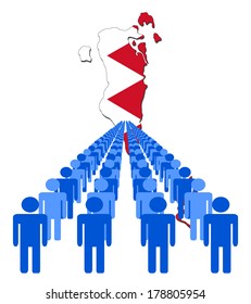 Lines of people with Bahrain map flag vector illustration 