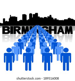 Lines of people with Birmingham skyline vector illustration