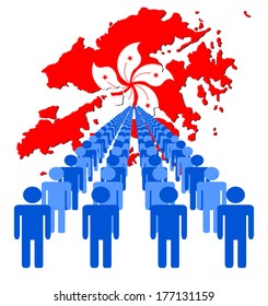 Linhas de pessoas com ilustração vetorial da bandeira do mapa de Hong Kong