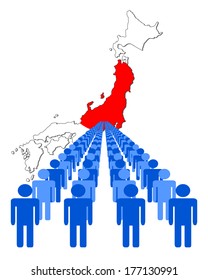 Lines of people with Japan map flag vector illustration