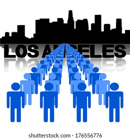 Lines of people with Los Angeles skyline vector illustration