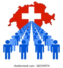 Lines of people with Switzerland map flag vector illustration 