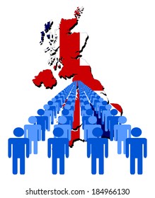 Lines of people with UK map flag vector illustration 