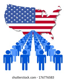 Lines of people with USA map flag vector illustration