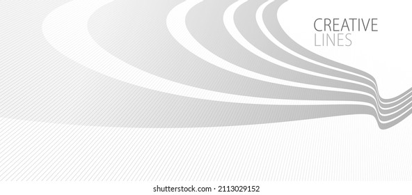 Lines In Perspective Vector Abstract Background In Light Grey And White Monochrome, 3D Dimensional Stripes With Smooth Gradient And Wavy Motion.