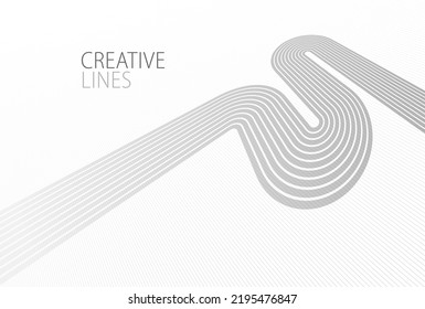 Lines In Perspective Vector Abstract Background In Light Grey And White Monochrome, 3D Dimensional Stripes With Smooth Gradient And Wavy Motion.