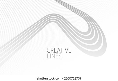 Lines In Perspective Vector Abstract Background In Light Grey And White Monochrome, 3D Dimensional Stripes With Smooth Gradient And Wavy Motion.