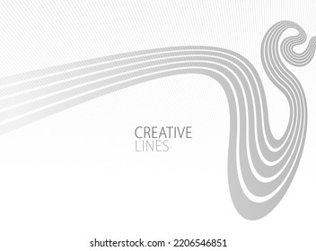 Lines in perspective vector abstract background in light grey and white monochrome, 3D dimensional stripes with smooth gradient and wavy motion.
