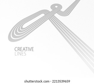 Lines in perspective vector abstract background in light grey and white monochrome, 3D dimensional stripes with smooth gradient and wavy motion.