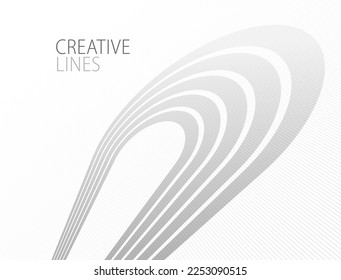 Lines in perspective vector abstract background in light grey and white monochrome, 3D dimensional stripes with smooth gradient and wavy motion.