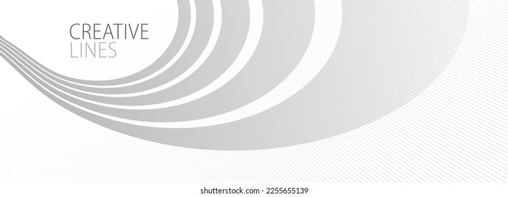 Lines in perspective vector abstract background in light grey and white monochrome, 3D dimensional stripes with smooth gradient and wavy motion.