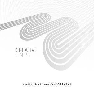 Lines in perspective vector abstract background in light grey and white monochrome, 3D dimensional stripes with smooth gradient and wavy motion.