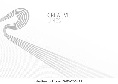 Lines in perspective vector abstract background in light grey and white monochrome, 3D dimensional stripes with smooth gradient and wavy motion.