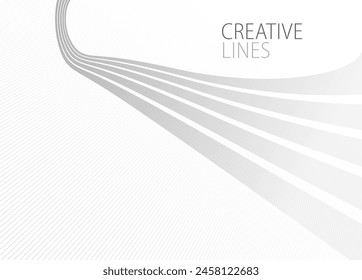 Lines in perspective vector abstract background in light grey and white monochrome, 3D dimensional stripes with smooth gradient and wavy motion.