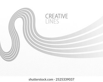Linhas no plano de fundo abstrato do vetor em perspectiva em listras monocromáticas 3D monocromáticas em cinza claro e branco com gradiente suave e movimento ondulado.