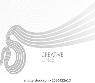 Lines in perspective vector abstract background in light grey and white monochrome, 3D dimensional stripes with smooth gradient and wavy motion.