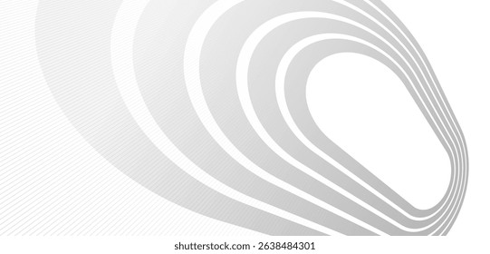 Lines in perspective vector abstract background in light grey and white monochrome, 3D dimensional stripes with smooth gradient and wavy motion.