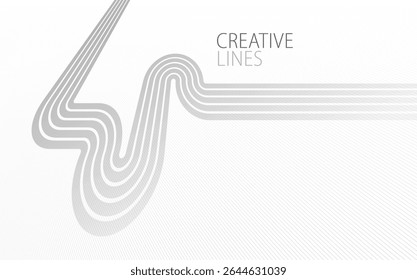 Lines in perspective vector abstract background in light grey and white monochrome, 3D dimensional stripes with smooth gradient and wavy motion.