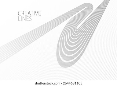 Lines in perspective vector abstract background in light grey and white monochrome, 3D dimensional stripes with smooth gradient and wavy motion.
