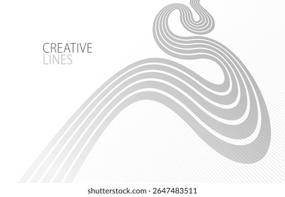 Lines in perspective vector abstract background in light grey and white monochrome, 3D dimensional stripes with smooth gradient and wavy motion.