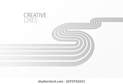 Lines in perspective vector abstract background in light grey and white monochrome, 3D dimensional stripes with smooth gradient and wavy motion.