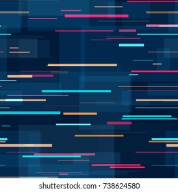 Lines, Polygons Seamless Hi Tech Background Texture. Holiday, Cover, Ad, Fashion Print Design. Speed Lines, Stripes Seamless Pattern. Fabric Ornament with Rectangles