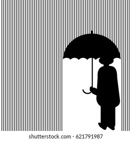 Lines of rain surround a man protected by an umbrella in a minimalist illustration.