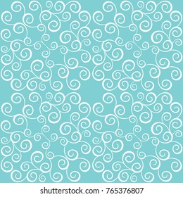 ?urved lines and scrolls forming abstract floral ornament. Floral turquoise background. Seamless pattern for textile printing, packaging, wrapper, etc.