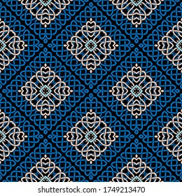 Lines seamless pattern. Celtic ornament. Repeat curved lines grid backdrop. Ethnic tribal waffled line art knotted ornaments. Colorful vector background design. Rhombis frames, contours, lines, knots.