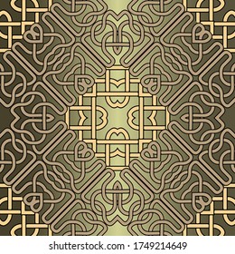 Lines seamless pattern. Celtic ornament. Repeat curved lines grid backdrop. Ethnic tribal style line art knotted ornament. Intricate luxury gold vector arabic style design. Abstract ornate background.
