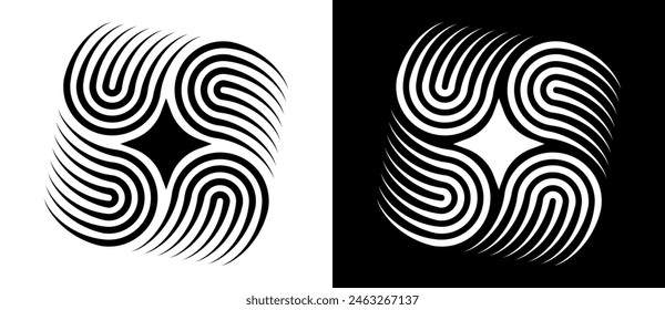 Linien in Halbkreisen abstrakter Hintergrund. Illusion, Logo oder Symbol für dynamischen Übergang. Schwarze Form auf weißem Hintergrund und die gleiche weiße Form auf schwarzer Seite.
