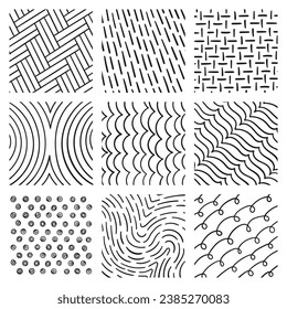 Lines set in different styles and positions. Bricks, parquet, waves, curved lines, coiled, floor, pen scratches etc.