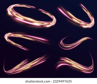 Líneas en forma de cometa con un fondo oscuro. Flujos vórtice de luz de neón. Magia de mover líneas rápidas. Vigas láser, rayos de luz horizontales. Vector.	