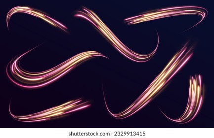 Lines in the shape of a comet against a dark background. Vortex streams of neon light. Magic of moving fast lines. Laser beams, horizontal light rays. Vector.	