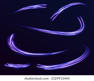 Líneas en forma de cometa con un fondo oscuro. Fondo de líneas brillantes de color neón, efecto de trazas de luz de alta velocidad. Magia de mover líneas rápidas. Vigas láser, rayos de luz horizontales. Vector.