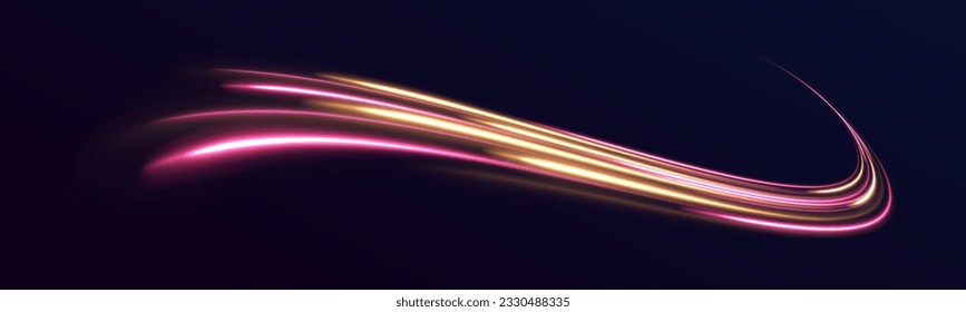 Lines in the shape of a comet against a dark background. Vortex streams of neon light. Magic of moving fast lines. Laser beams, horizontal light rays. Vector.	